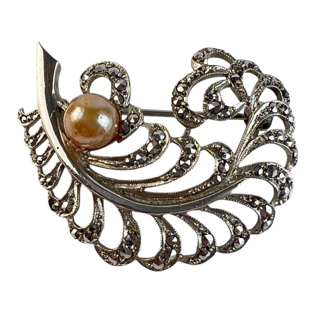 Vintage 800 Silver Marcasite Feather Pin Brooch with Faux Pearl by CB